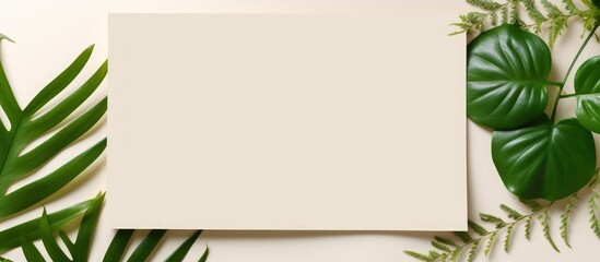 Flat lay design of blank paper for text invitation card template and green plant. Generate AI image