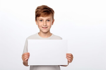 Happy Scholl boy holding blank white banner sign, isolated studio portrait.