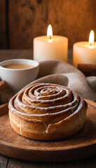 A Close up of Healthy Style Cinnamon roll sits on a plate with candle
