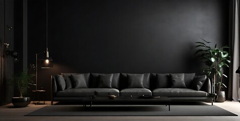 dark living room interior with black sofa