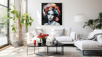 A living room with white background beautiful plants, flowers in the background, coffee table, space, table and black female artistic art on the walls