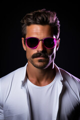 Obraz premium Neon light studio close-up portrait of serious man model with mustaches and beard in sunglasses and white t-shirt on dark studio background.