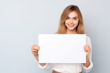 Naklejka premium Happy young woman holding blank white banner sign, isolated studio portrait .