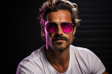 Obraz premium Neon light studio close-up portrait of serious man model with mustaches and beard in sunglasses and white t-shirt on dark studio background.