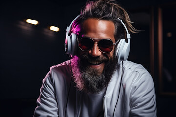 Neon portrait of bearded smiling man in headphones, sunglasses, white t-shirt. Listening to music.