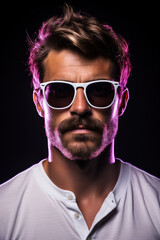 Obraz premium Neon light studio close-up portrait of serious man model with mustaches and beard in sunglasses and white t-shirt on dark studio background.