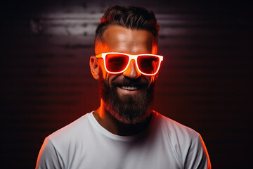Obraz premium Neon portrait of smiling man model with mustaches and beard in orange sunglasses and white t-shirt.