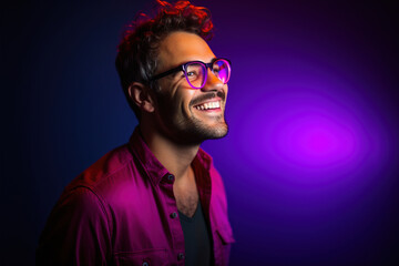 man with glasses and purple dress on purple background smiling, in the style of neon and fluorescent light, photorealistic pastiche.