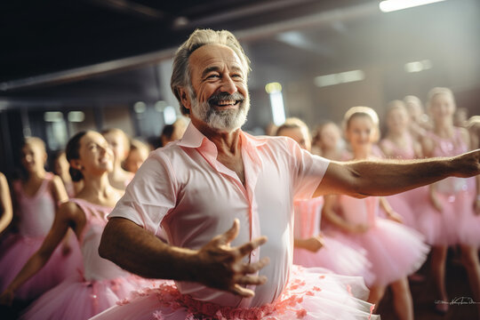 Man wearing pink tutu skirt and having fun ballet class with girls on the background ballet class .
