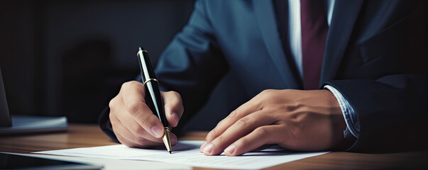 Businessman use elegant pen to signing contract in modern office.