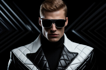 Obraz premium Portrait of fashion caucasian male model, in style of futurism fashion, black background.