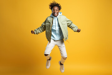 Fototapeta na wymiar Portrait of jumping African-American teenage boy on color background.