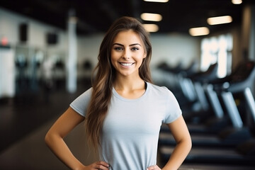 Smiling Woman, fitness and thumbs up to health, workout and training to live an active, wellness and healthy lifestyle with gym. Personal trainer.