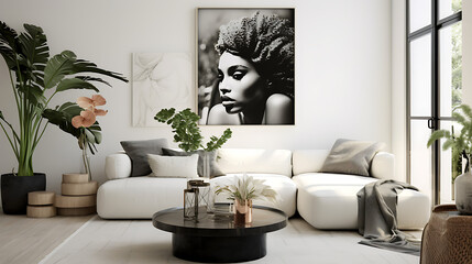 A living room with white background beautiful plants, flowers in the background, coffee table, space, table and black female artistic art on the walls