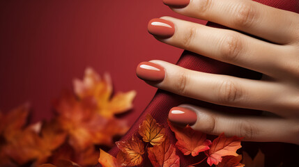Perfect autumn color manicure, close up view of nails of woman - obrazy, fototapety, plakaty