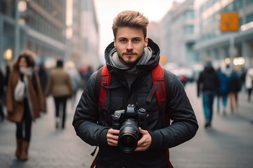 Young man photographer takes photographs with dslr camera in a city. Travel, vacations, professional freelance work and active lifestyle concept.