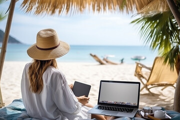 Young woman using laptop computer on beach, freelancer girl working remote, Freelance work, online learning, distant work, connection concept.