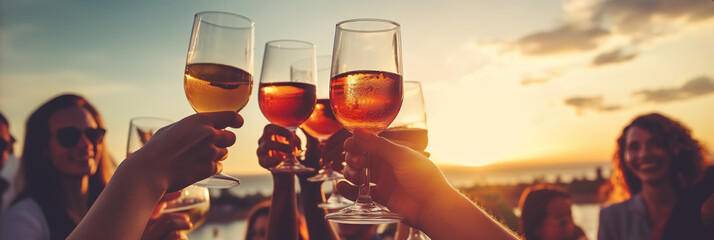 Young people celebrating summertime party holding vine glasses outside. Happy friends have fun on the beach. Summer vacations, lifestyle beverage concept. - obrazy, fototapety, plakaty