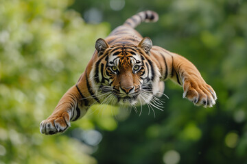 Bengal Tiger Jumping. Tiger in a jump with an open mouth and sharp teeth in full height. Dangerous, angry tiger. Bengal tiger flying during jump.