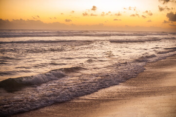 exotic sandy beach on the ocean shore. amazing sunset (dawn) natural background