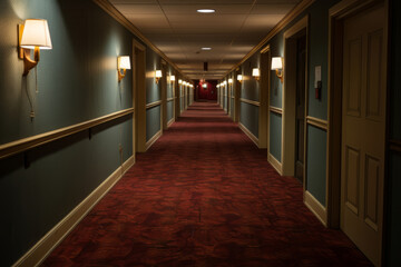 Hotel corridor, artificial lighting