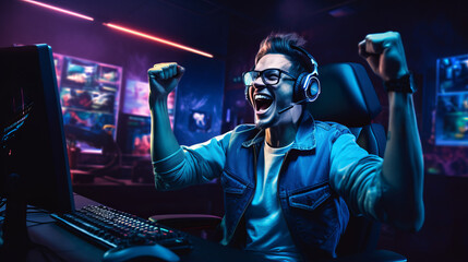 Cheerful funny professional gamer is celebrating victory
