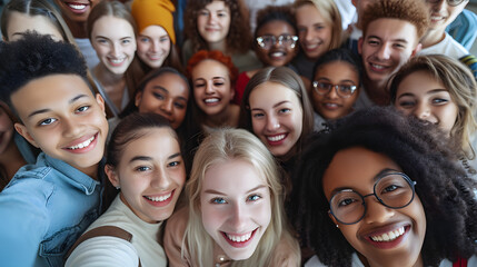 Multicultural interracial group teenager students smiling looking at the camera