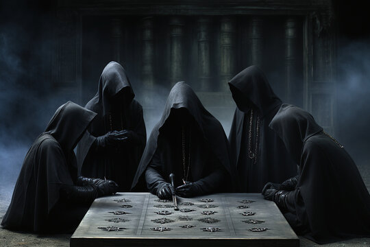 Shadowy figures in hooded cloaks gathered around an ancient, rune-engraved table, creating a sense of mystery and arcane ritual.