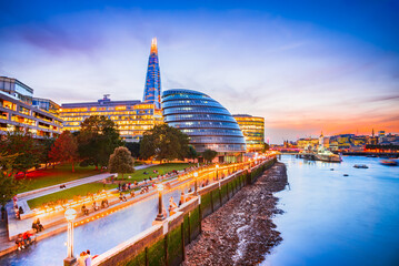 London, United Kingdom. Skyline view of the famous New London, City Hall and Shard, Thames River...