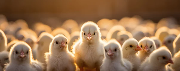 Fotobehang Small litte chikens, young cute yellow chicks in breeding farm. © Milan