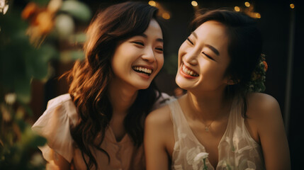 Two joyful brides women outdoors. Asian lesbian couple - obrazy, fototapety, plakaty