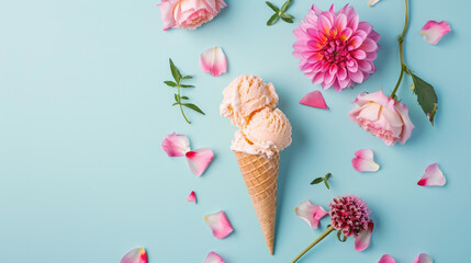 Floral Ice Cream Cone with Petals on Blue Background