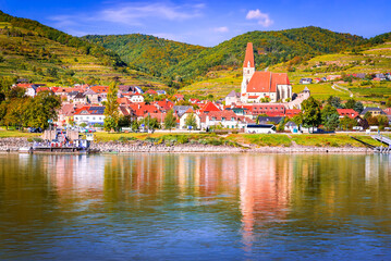 Weissenkirchen, Austria. Wachau Valley on Danube River, autumn colored leaves and vineyards on a...