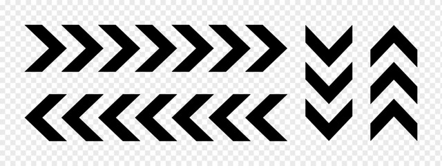 Set of horizontal and vertical chevron arrows. Ornaments with repeated V shaped stripes. Road, military, army, pointer, navigation left and right, up and down signs. Vector flat illustration - obrazy, fototapety, plakaty