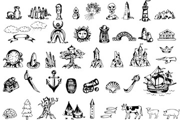 Fantasy map elements, vector symbols that are hand drawn in outlines for use in cartography - engraving, outlines, drawing, lines