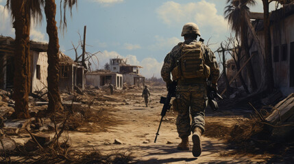 Soldiers in ruined Iraqi city mid day