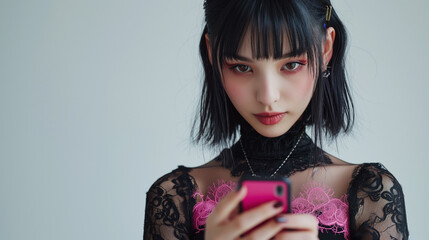 Portrait of a young Asian goth in a black dress holding a pink phone.