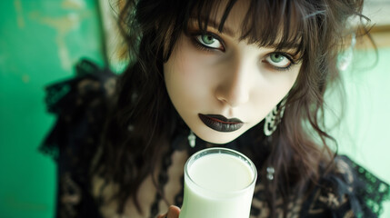 Portrait of a dark goth woman holding a glass of white milk.