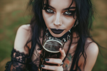 Portrait of a young, goth woman holding a glass of strong liquor or beer. - obrazy, fototapety, plakaty