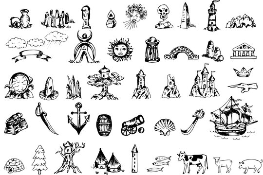 Fantasy map elements, vector symbols that are hand drawn in outlines for use in cartography - engraving, outlines, drawing, lines