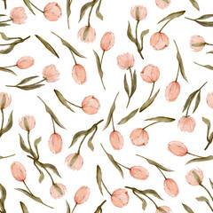 Seamless watercolor pattern with pink tulips on transparent background - obrazy, fototapety, plakaty