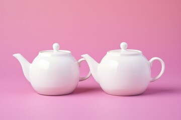 White porcelain teapots lying on a pink background. Copy space.