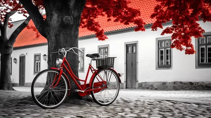 Foto op Plexiglas A red bicycle leaned up a gray stone building in Denmark. The background is slightly blurred with the bicycle in full focus. Everything is grayscale except the bicycle © Love Mohammad