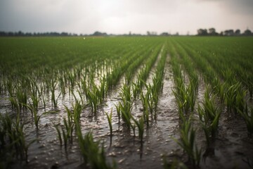 Spring Rain Serenity: Lush Rice Field Bathed in Heavy Showers. Seasonal Elegance