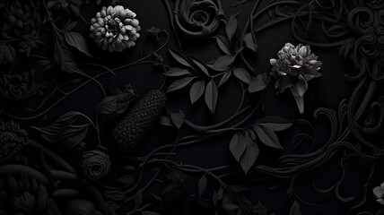 black flowers ornament on dark background gothic style