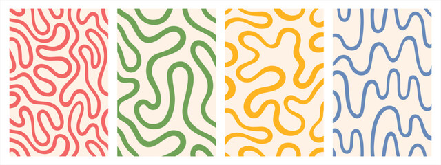 Twisted lines, fluid, curved, wiggling stripes, waves vector backgrounds set. Liquid, funky chaotic ornaments, groovy hippie patterns collection. Doodle, uneven hand drawn wavy, organic winding lines