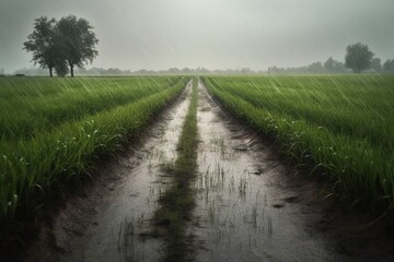 Fototapeta na wymiar Spring Rain Serenity: Lush Rice Field Bathed in Heavy Showers. Seasonal Elegance