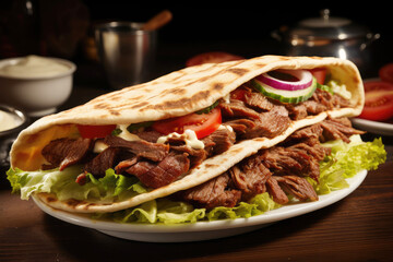 Turkish kebab doner, lamb and salad in a wrap - obrazy, fototapety, plakaty