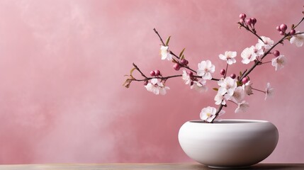 Elegant cherry blossoms in a white vase against a soft pink backdrop
