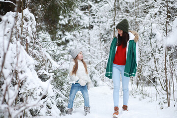 Young family for a walk. Mom and daughter are walking in a winter park.